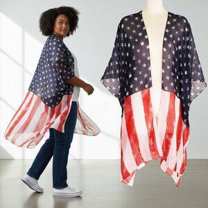 American Flag Kimono Top Sheer Patriotic USA Red White Blue Stars Stripes 2X